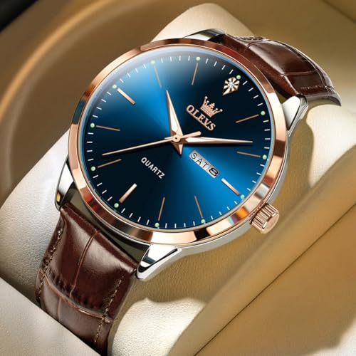 Image of OLEVS Men Watches Dress Waterproof Leather Band Classic Large Face Luxury Watches for Men Casual Fashioned Nice Analog Watch Men Day Date Easy Reader Quartz Original Business Adjustable Watches Men