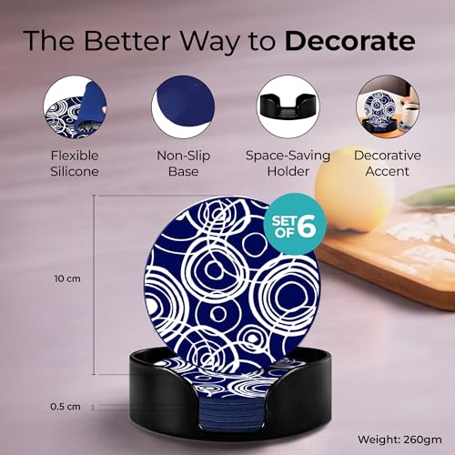 Image of The Better Home Silicone Coaster Set Of 6(Dia- 10cm) With Plastic Holder|Dining Table Accessories for Home Decoration| Glasses /Coffee Mugs /Tea Coaster Set|Kitty Party Return Gifts for Women-Navy White