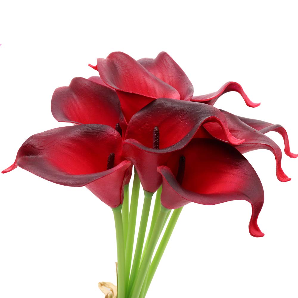 Alifst Mini Artificial Calla Lily 10 Stem Bridal Bouquets Artificial Latex Real Touch Flowers for Home Party Decor (Black red)