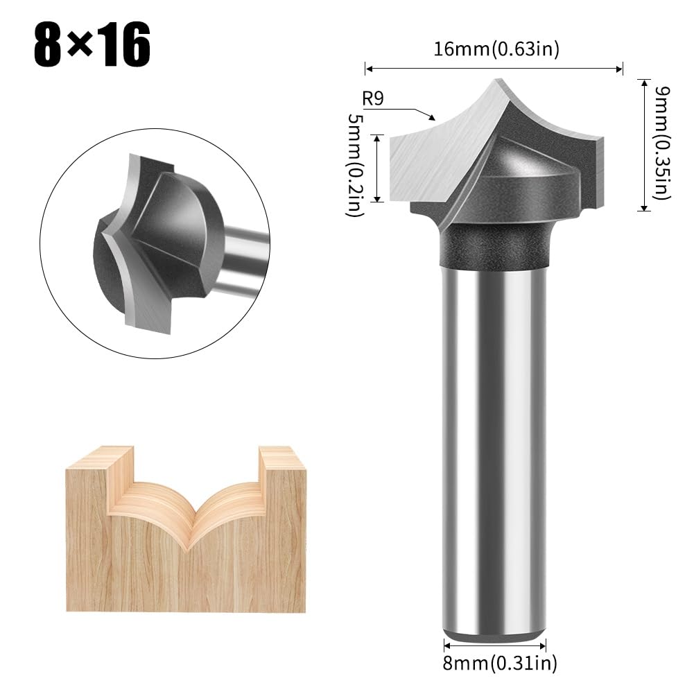 Set di 4 Punte per Fresa, Diametro Gambo 8 mm, Arrotondata e Rotonda, per Legno, Utensili per la Lavorazione del Legno