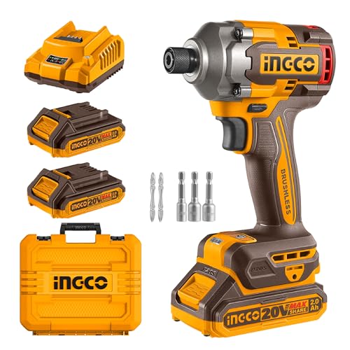 INGCO 20V Brushless Impact Driver 285NM, Variable Speed Control 0-2600RPM, 0-2900BPM with LED Work Light, 2Pcs 2.0Ah Battery and 1Pcs Charger, Packed by Carrying Case CIRLI2028