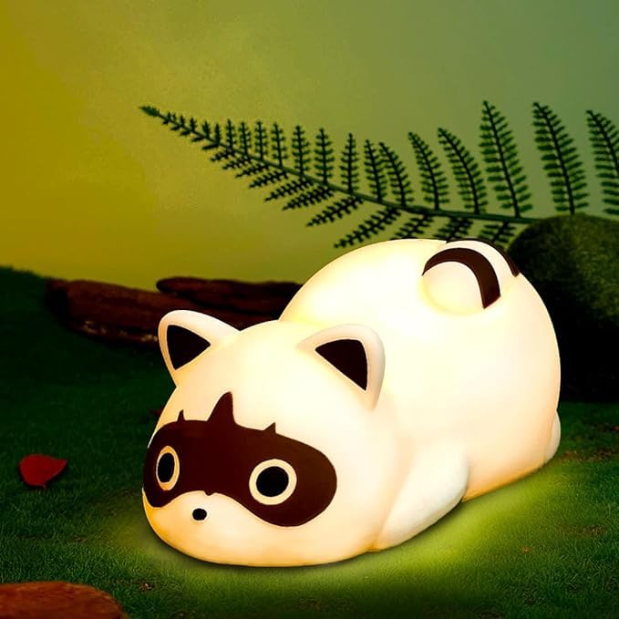 JIMEI Night Light for Kids Raccoon Cute Led Lamp Bedside Lamp Baby Nursery Bedroom Dimmable Rechargable Touch Control Table Desk Lamp Cool Stuff Fun Kawaii Room Decor Aesthetic Novelty Accessories