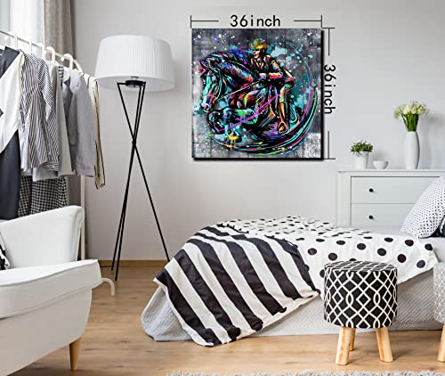 Street Graffiti Wall-Art For Bedroom, Banksy Running Horses Wall Art For Boys Room, Colorful Canvas Wall Decor For Living Room, Stretched And Framed Ready To Hang Aesthetic Artwork Large Size 35X35 #TOP1