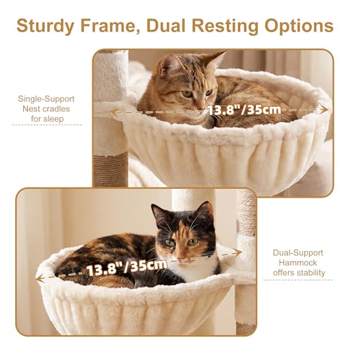 Image of Heybly 68.1 inch Cat Tree with Oversized Top Platform & Wide Base HCT059MJ | Heavy Duty Cat Tower for Large Indoor Cats with 2 Condos, 2 Hammocks, 10 Sisal Scratching Posts, Stable Cat House, Beige