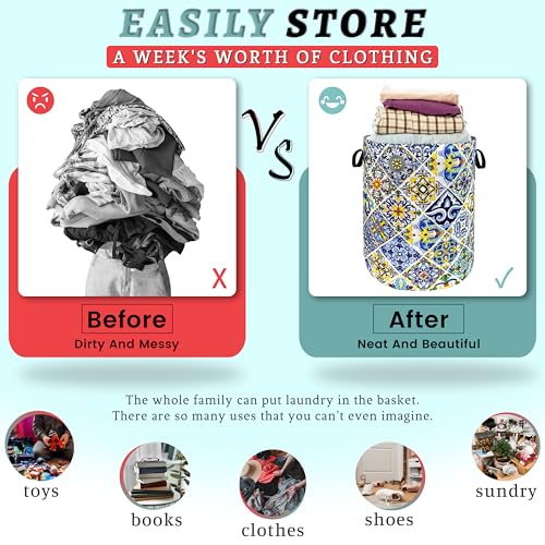 Image of Mexican Tiles Laundry Basket Oxford Cloth Foldable Hamper 18.9x16.5 Inch