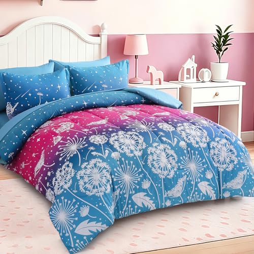 Image of Dinjoy Girls Comforter Set 5 Pieces, Twin Size Colorful Ombre Rainbow Bedding Set, Bed in A Bag for Kid Teen Girls (1 Comforter, 1 Flat Sheet, 1 Fitted Sheet, 1 Pillow Shams, 1 Pillowcases)