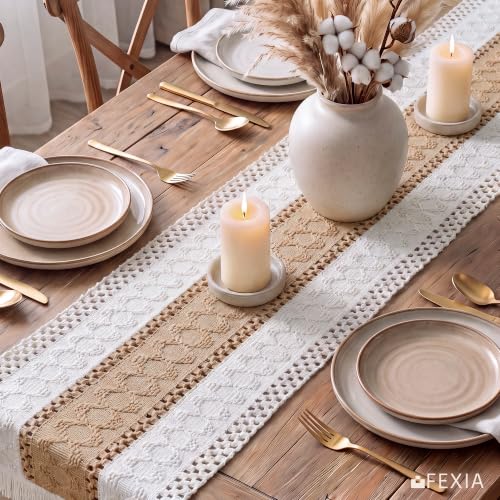 Image of FEXIA Boho Table Runner for Fall Home Decor 12x72 Burlap with Tassels | 72 Inches Long Farmhouse Kitchen Dining Room Macrame Burlap Coffee Table Decoration Dresser Runner Pottery Barn Furniture