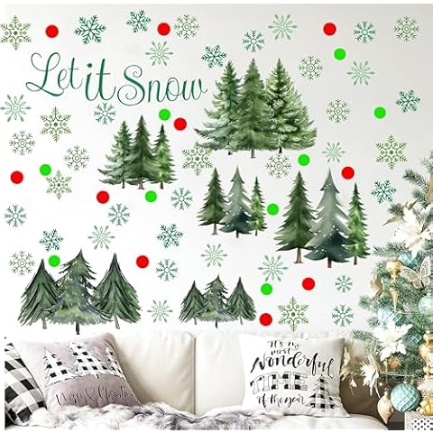 Christmas Pine Tree Wall Decals Green Tree Window Clings Xmas Snowflake Wall Stickers Peel and Stick Removable Watercolor Pine Tree Wall Stickers Christmas Party Supplies Home Decoration Cover