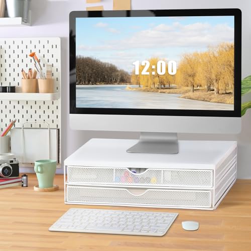 Image of ARCOBIS Wood Monitor Riser with Drawers, Mesh Metal Computer Monitor Stand Riser with Storage for Desk, Max Load Capacity 40LB, 2 Drawers, White