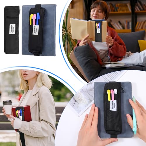 Image of Grevosea Pen Holder for Notebook, Pen Pouch with Zipper and Adjustable Elastic Band Notebook Pouch Journal Pencil Holder for Adult Office College Supplies Planner Accessories (Black)