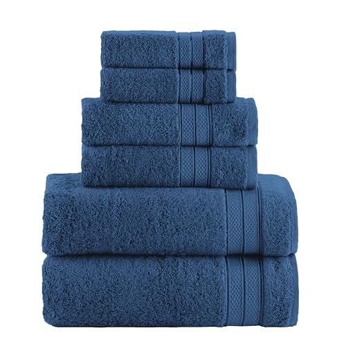 Image of Elegant Comfort Luxury 6-Piece Towel Set, Premium Soft 100% Turkish Cotton, Three Line Popcorn Design 2 Bath Towels, 2 Hand Towels and 2 Washcloths Towel Set - Quick-Drying and Absorbent, Navy Blue