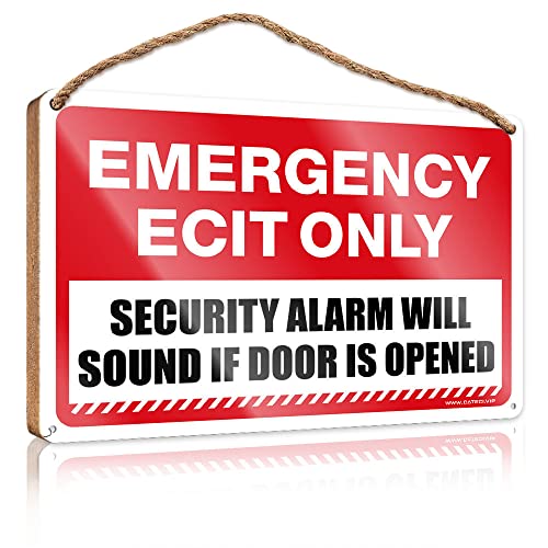 Abipuir Letreros de bienvenida de madera con texto en inglés 'Emergency Exit Only', alarma de seguridad sonará si se abre la puerta, placa de madera para colgar, letreros de bienvenida para porche