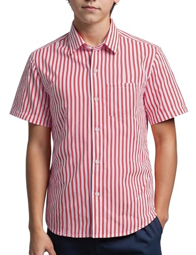Spring&Gege Boys Button Down Dress Shirt Short Sleeve Casual Vertical Striped Shirt（3-14 Years）