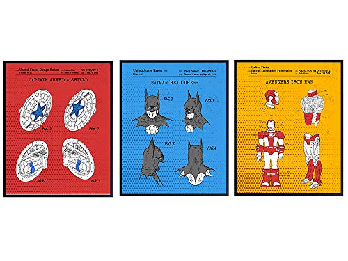 Captain America, Iron Man, Batman Patent Prints - 8x10 Poster Gift Set for Superheroes, Justice League, Avengers, DC, Marvel Comic Book or Stan Lee Fans - Wall Art, Home Decor for Boys Bedroom