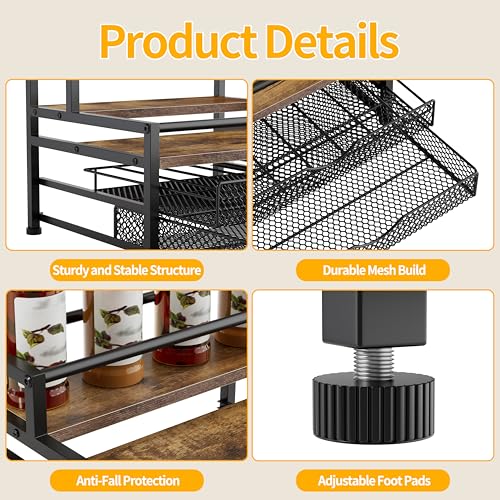 Image of 4 Tier Coffee Syrup Rack Organizer, Coffee Bar Organizer for Countertop, Coffee Station Organizer with 2 Sliding Drawers for Pods, K Cup Holder, Stirrer and Condiment, Brown