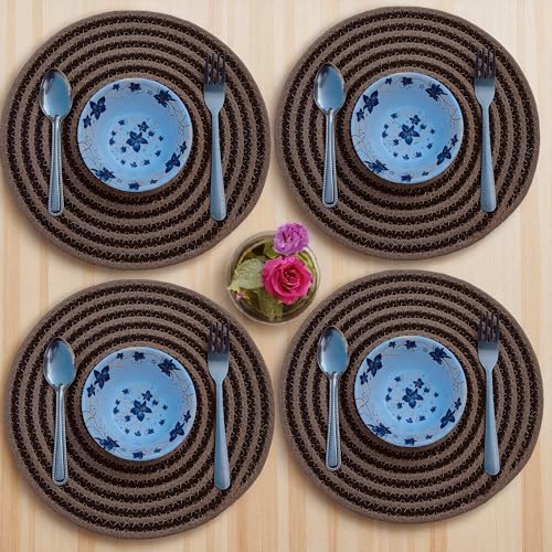 Image of Cotton Rope Placemats, Round Red with White Border, Set of 4, Heat Resistant Table Mats (Coffee Beige)