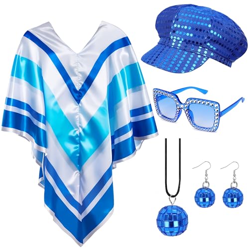 Bryndo 5 Pcs 70s Fancy Dress Set for Women Disco Costume Accessories with Pop Poncho Sequin Beret Hat Square Bling Sunglasses Earrings Necklace for 70s Theme Party Dress Up (Blue)