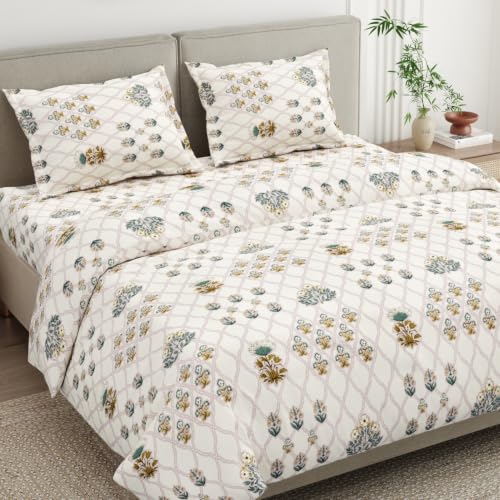 Image of Haus & Kinder Double Bed Bedsheet for Queen Size Bed, Queen Size Bed Sheet with 2 Pillow Covers 90 Inch x 100 Inch | Premium Soft & Silky Pure Cotton 186 TC Double Bedsheet | Secret Garden