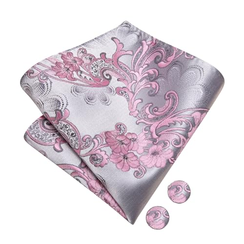Image of Hi-Tie Bow Ties for Men Silver Pink Floral Pre-Tied Pocket Square Cufflinks Mens Bowtie Sets for Wedding Formal Party