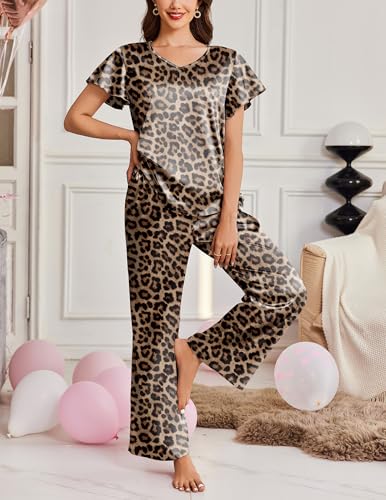 Image of Ekouaer Women's Satin Silky Pajama Set 2 Piece Short Sleeve Shirt with Long Pants Pjs Sets Soft PJ Loungewear S-XXL
