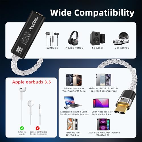 Image of USB C to 3.5mm DAC Headphone Adapter with Dual Chip CX31993 & MAX97220, Portable Decoding Amp Hi-Res 32bit /384KHz Audio Dongle with Silver-Plated OCC Cable for iPhone, Android, Mac, IEMs Earphones