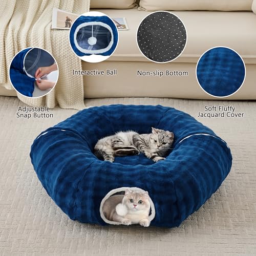 Image of Bubble Cat Tunnel for Indoor Cats, Round Peekaboo Cave Toy with Dangling Balls, Donut Tunnel Bed with Circle Mat for Puppy Kitten Rabbit, Navy Blue