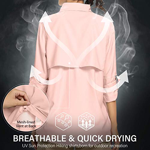 Women's UPF 50+ UV Protection Shirt, Long Sleeve Fishing Hiking Shirt, Quick Dry Breathable Safari Shirts,F5026,Pink,L