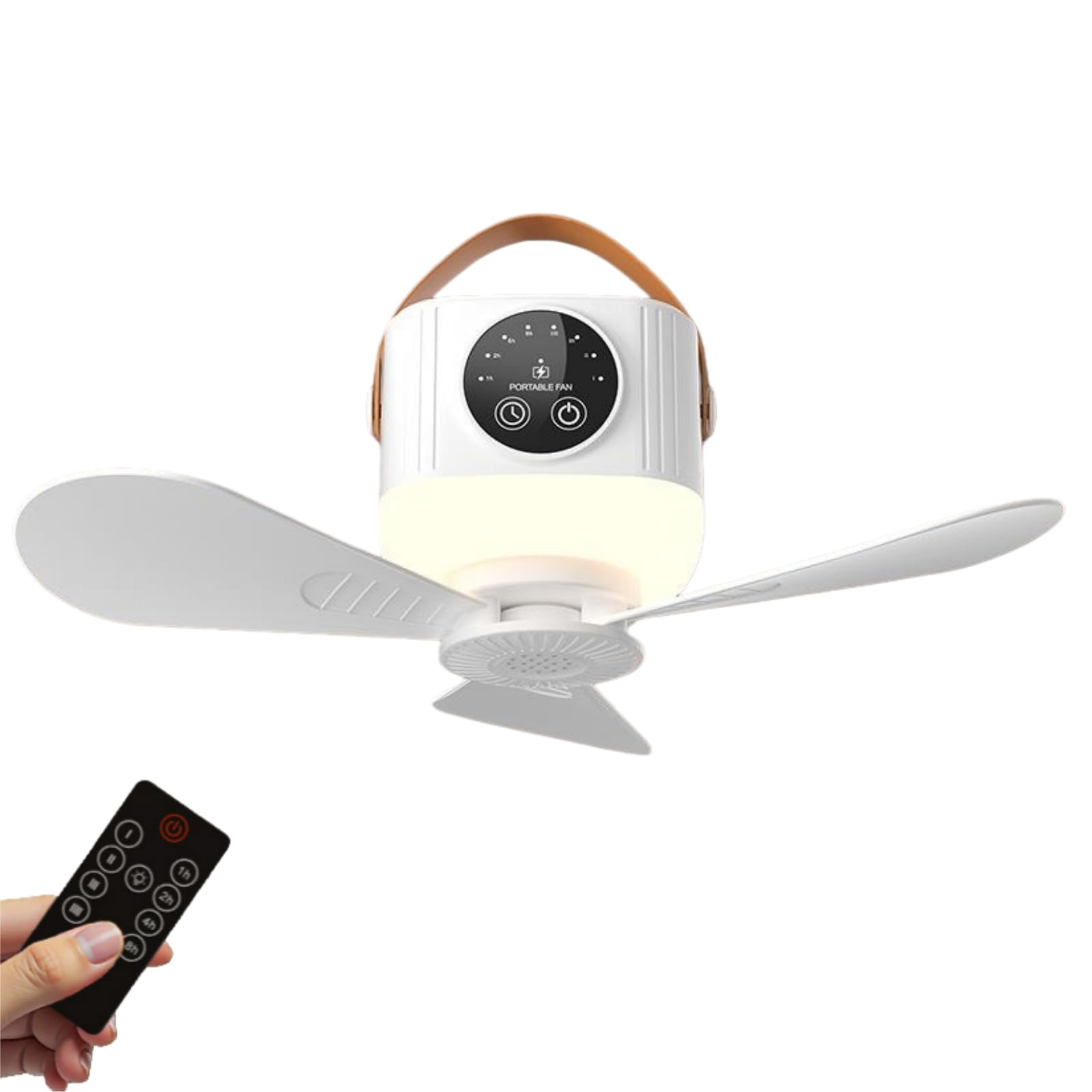 ENCOMAG Portable Camping Fan with LED Light, 7200mAh Rechargeable Tent Fan, Remote Control, Detachable Blades, Timer, 4 Speeds 3 Brightness, USB Ceiling Fan for Picnics, Travel, Emergency (#A)