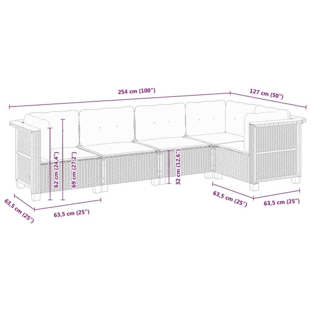 Set Salotto da Giardino 5 pz in Rattan PE con Cuscini Nero | Salotto componibile in polyrattan con morbidi cuscini sfoderabili per arredare con stile terrazzo patio e giardino