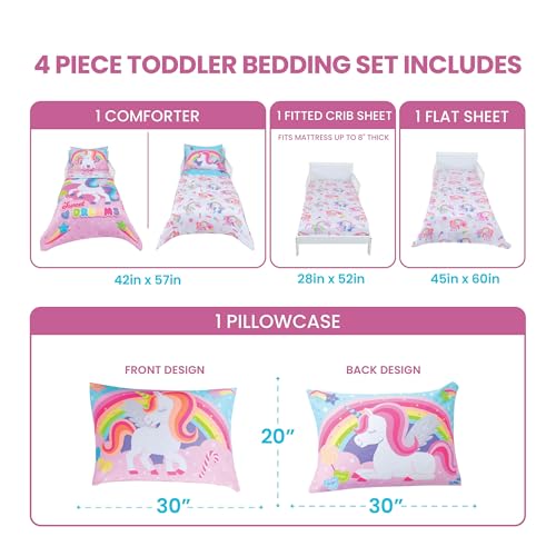 Image of Todays Kids Unicorn Toddler Bedding Set for Girls - 4-Piece Toddler Bed Comforter Sets for Girls, Reversible Comforter & Pillowcase, Flat Sheet, Fitted Sheet, Breathable & Super Soft Microfiber