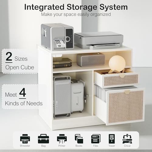 Image of ModernMate 67 inch L Shaped Electric Standing Desk with 4 Drawers, Corner Executive Workstation with 2 File Cabinets, Height Adjustable with AC /USB for Home Office, 1.18 inch One-Piece Desktop, White Rattan
