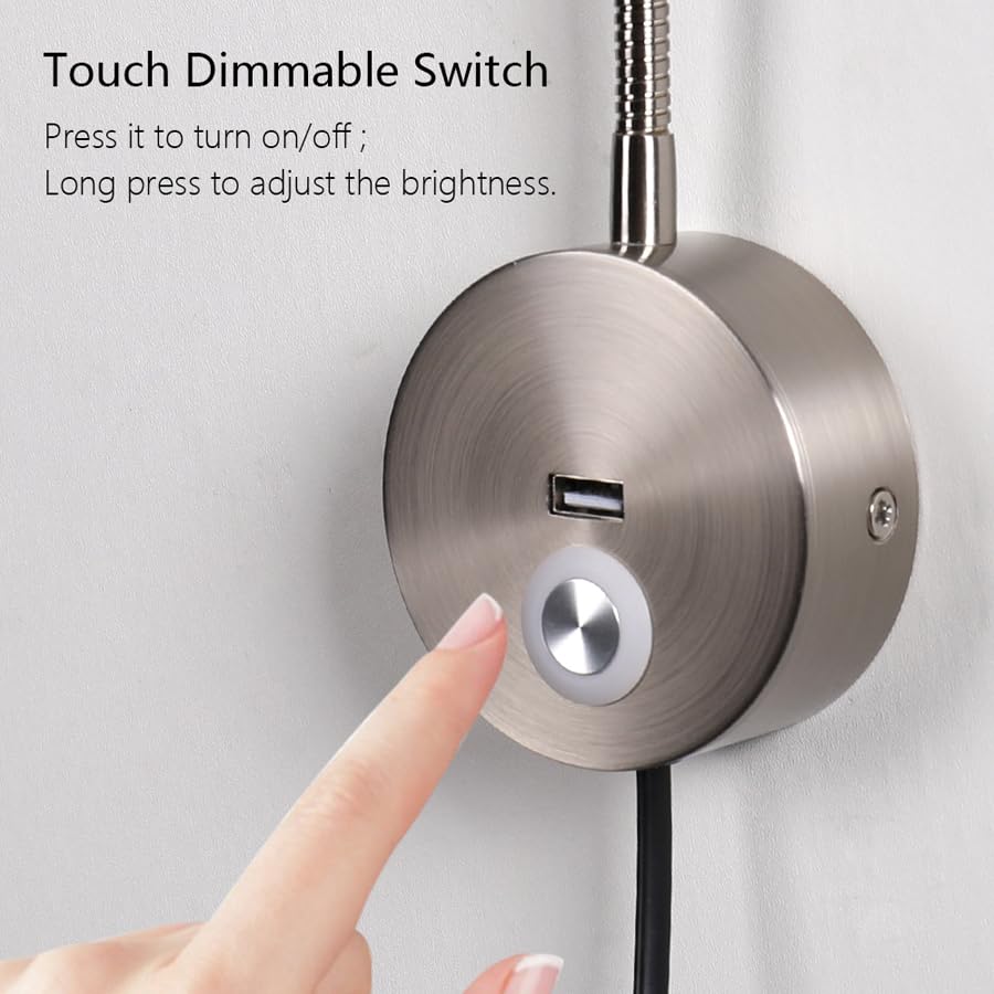 Image of LED Reading Lamp 3W Warm White 3000K Touch Switch USB A Charger for Reading Books Plug Cord 1 Piece (US028-NK)