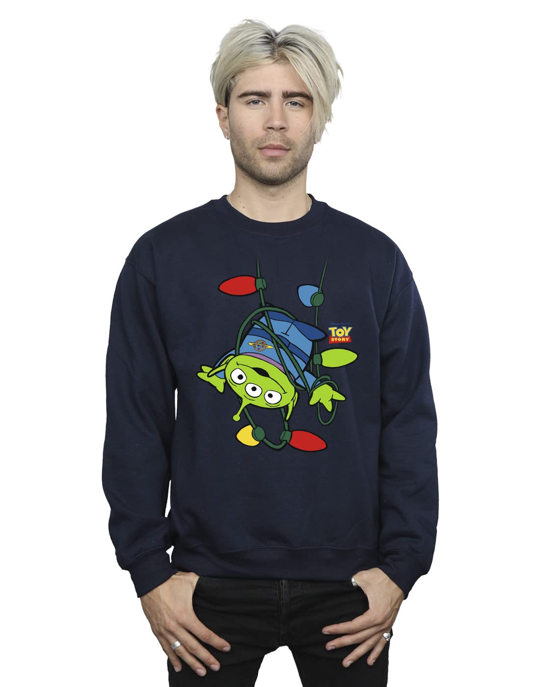 Disney Men's Toy Story Christmas Lights Aliens Sweatshirt Navy Blue Small