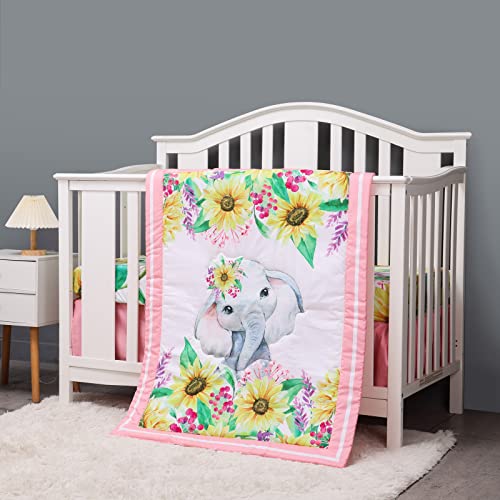 Image of Cloele Crib Bedding Set for Baby Girls, Pink, 3 Piece,Elephant Sunflower | Includes Crib Skirt, Quilt, Fitted Sheet, Sunflower Pattern, Soft Nursery Comforter Bedding Set