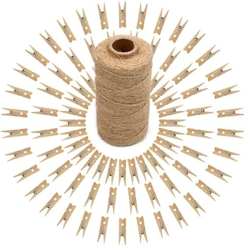 100 Pcs Mini Natural Wooden Clothespins and 328 Feet Jute Twine Cover