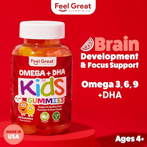 Image of Feel Great Vitamins Omega 3 for Kids | DHA Gummies for Kids with Plant-Based Omega 3 6 9 + Vitamin C | Supports Brain, Vision & Heart Health | Vegetarian, No Fishy Taste | 60 Gummies