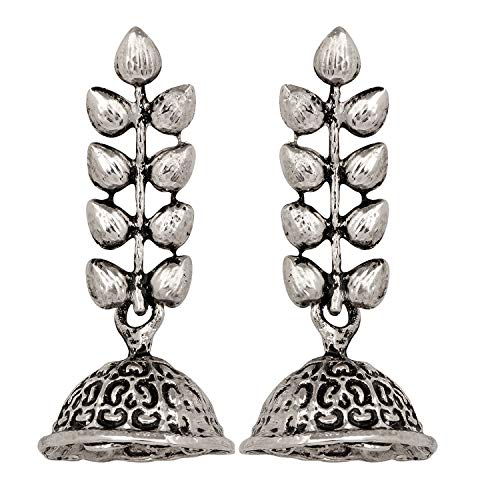 Mahi Leaf Shape Silver Oxidized Traditional Small Dangle Jhumka Earrings for Women and Girls ER1109647R