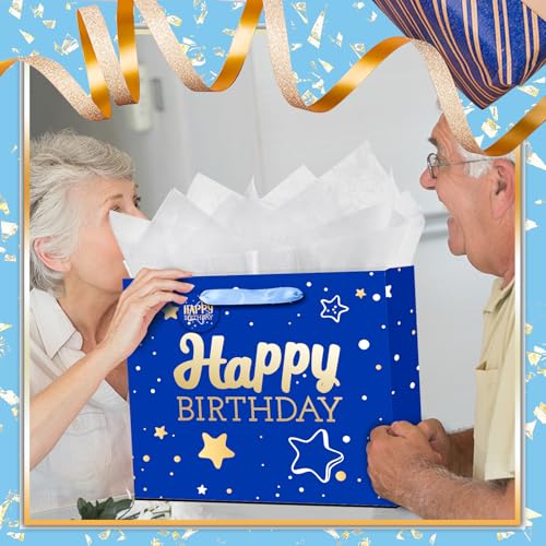 Image of 13 inch Blue Happy Birthday Gift Bag with Tissue Paper and Greeting Card | Happy Birthday Gift Bag for Men Women,Gift Bags Medium size(1 PCS Blue Hot Stamping)