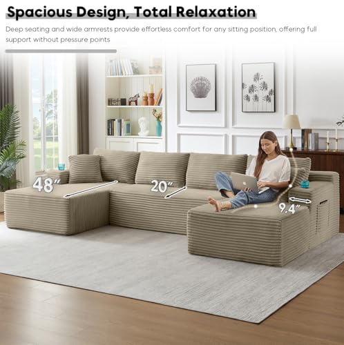Image of Oversized Cloud Boneless Couch with Chaise, Modern Modular Sofa with Deep Seat, Corduroy Upholstered U Shaped Couch for Living Room, No Assembly Required (Camel)