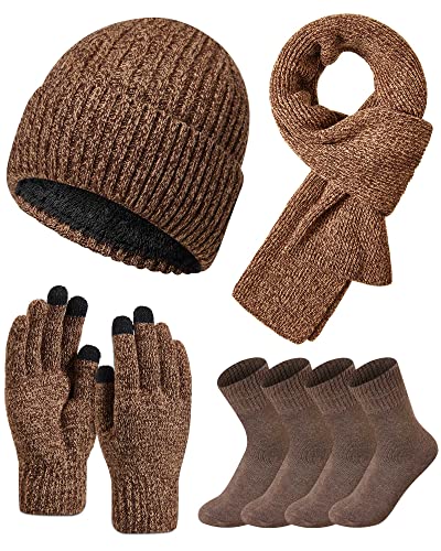 Gorro guantes y bufanda de punto para hombre en tonos caqui y café