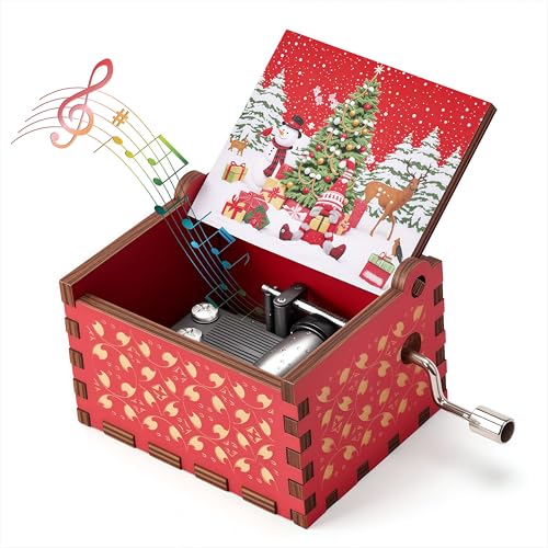 Qzakce Cajas Musicales de Madera Manivela Caja de Música Merry Christmas Retro Music Box Mejor Regalo para Cumpleaños Navidad para Pareja Niños Amigos, Rojo