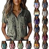 Linen Dress Women Womens Boho Shirts Vintage Floral Print Short Sleeve V Neck Button Down Ethnic Blouses Casual Loose Fit Tunic Tops Green-h, M