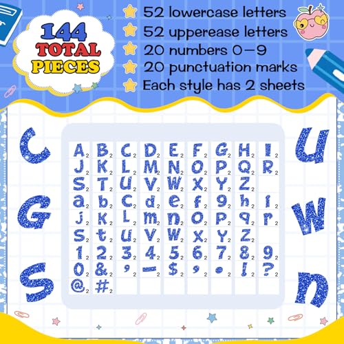 Image of Colarr 144 Pcs Glitter Bulletin Board Letters for Classroom Number Alphabet Punctuation Symbol Cutout 4'' Die-Cut Poster Letter with Adhesive Dot School Party Holiday Decor Display(Blue)