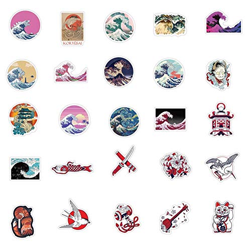 Ukiyoe Stickers| Japanese Ukiyo-e Wave Waterproof Vinyl Stickers for Water Bottles Bicycle Laptop Refrigerator Luggage Computer Mobile Phone Skateboard Bike Decals (50 Pcs)