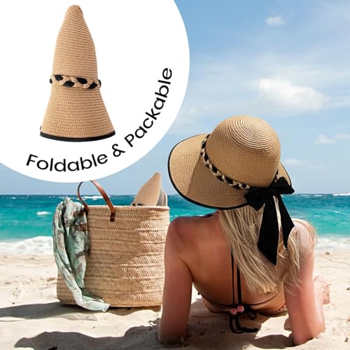 Image of MTRoyaldia Beach Sun Straw Hats for Women, UPF 50+ UV Sun Protection Wide Brim Summer Straw Hat Foldable Packable Roll up Cap Deep Khaki