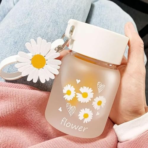 Image of Cute Mini Glass Water Bottle 250-330ml Double Wall Insulated Leakproof Drinking Bottle with Carry Handle Daisy Design Portable Travel Bottle for Kids Girls Office School Daily Use