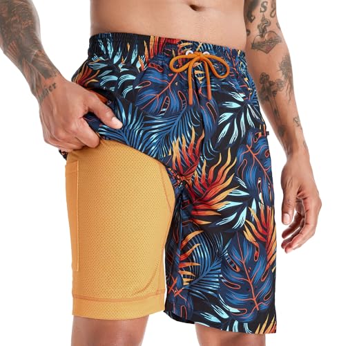 APTRO Swimming Shorts Men Swim Trunks with Compression Liner 2 in 1 Quick Dry Beach Summer 9'' Board Shorts with Zipper Pockets Yellow Leaf MK281 XL