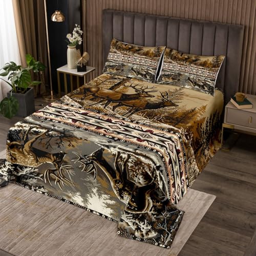 jejeloiu Deer Bedspread Queen Size Kids Boho Quilted Coverlet Wild Animal for Boys Girls Teens Rustic Cabin Coverlet Set Orange Brown