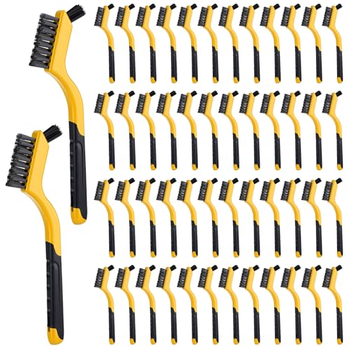 Image of Reallnaive 50 Pcs Nylon Cleaning Brushes Bulk 7 Inch Yellow Nylon Brushes with Curved Handle Grip for Deep Cleaning Small Parts Rust Dirt Paint Scrubbing, Removal Surface in Hole