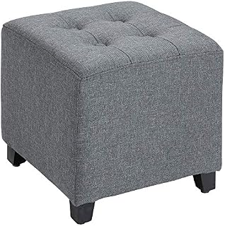 HOMCOM Linen-Look Square Ottoman Footstool w/ Button Tufts Wood Frame Padding Fabric Upholstered Stylish Home Furniture Footrest Side Table Grey
